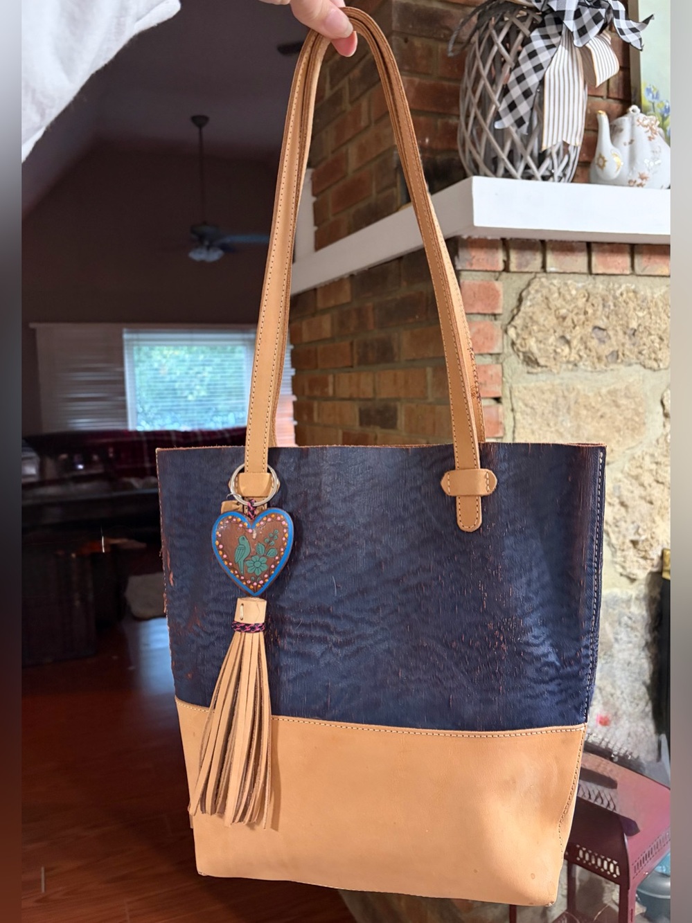 Consuela Velvet Everyday Tote Blue & Tan Leather Charm Included)